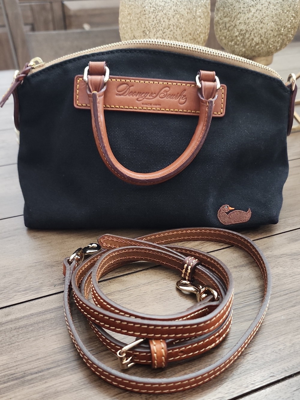 Dooney & Bourke Black Canvas Mini Satchel with Brown Leather Trim